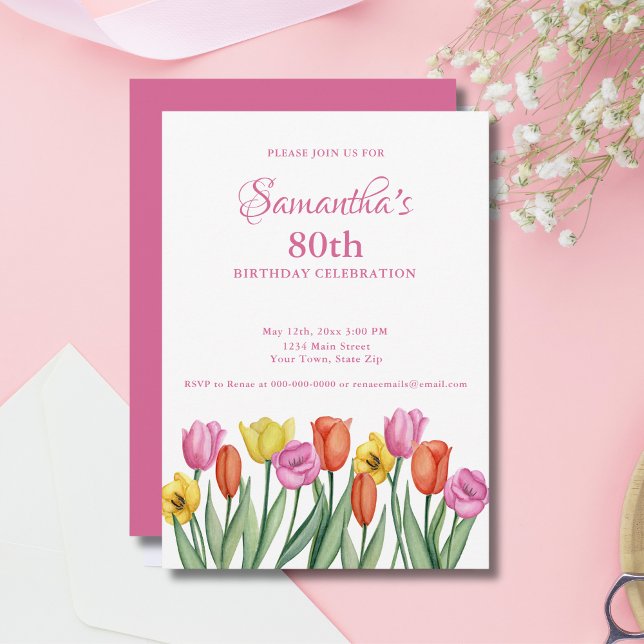 Watercolor Tulips 80th Birthday Party Invitation (Creator Uploaded)