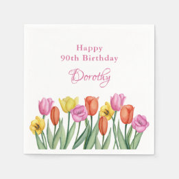 Watercolor Tulips 90th Birthday Party Napkin