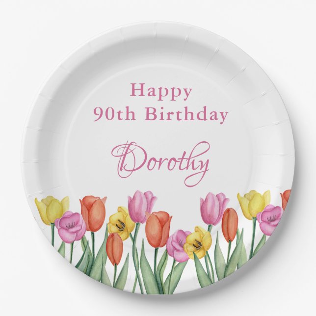 Watercolor Tulips 90th Birthday Party Paper Plate (Front)