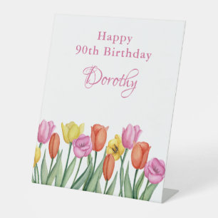 Watercolor Tulips 90th Birthday Party Pedestal Sign