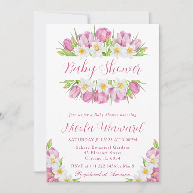 Watercolor Tulips and Daffodils Baby Shower Invitation (Front)