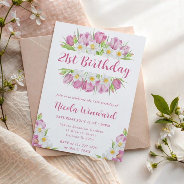 Watercolor Tulips and Daffodils Frame Birthday Invitation (Creator Uploaded)