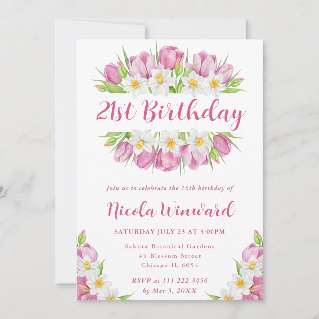 Watercolor Tulips and Daffodils Frame Birthday Invitation (Front)