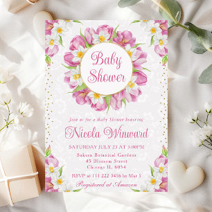 Watercolor Tulips and Daffodils Wreath Baby Shower Invitation