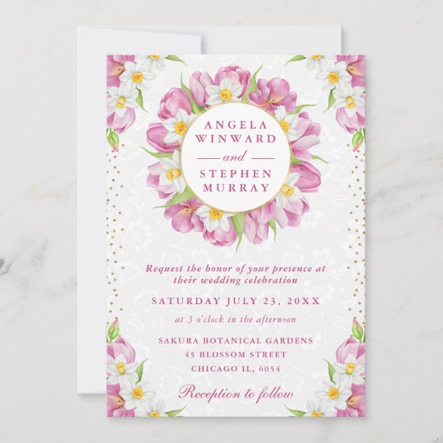 Watercolor Tulips and Daffodils Wreath Wedding Invitation (Front)