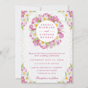 Watercolor Tulips and Daffodils Wreath Wedding Invitation