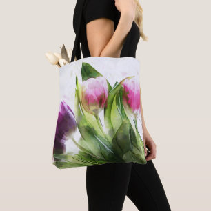 Watercolor Tulips And Leaves Tote Bag