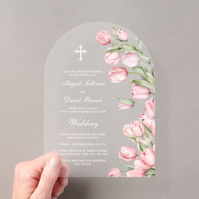 Watercolor Tulips Arch Wedding Acrylic Invitations (Insitu (Handheld))