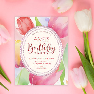 Watercolor tulips bloom birthday invitation