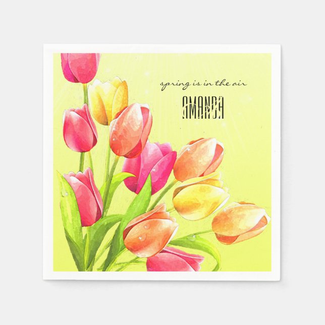 Watercolor Tulips Bouquet Monogram Napkin (Front)
