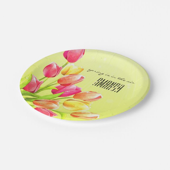 Watercolor Tulips Bouquet Monogram Paper Plate (Angled)