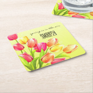 Watercolor Tulips Bouquet Monogram Square Paper Coaster