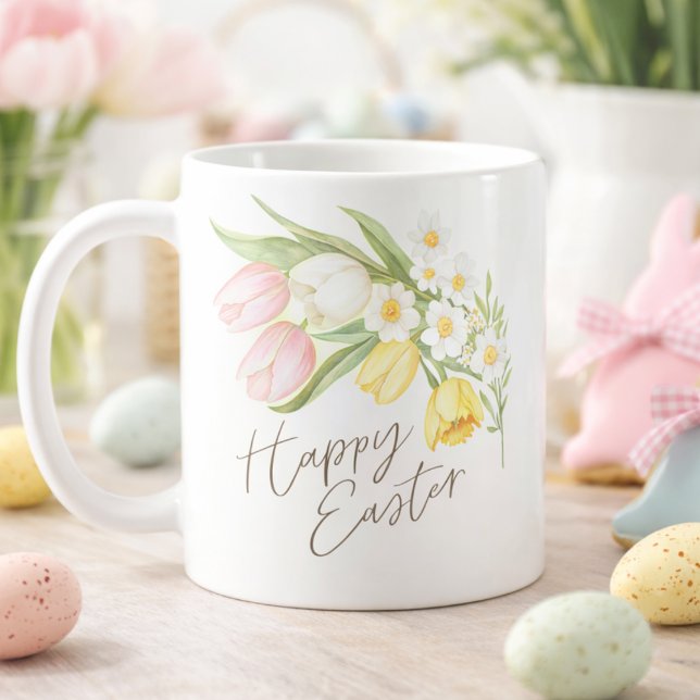 Watercolor Tulips & Daffodils Happy Easter  Coffee Mug (Creator Uploaded)