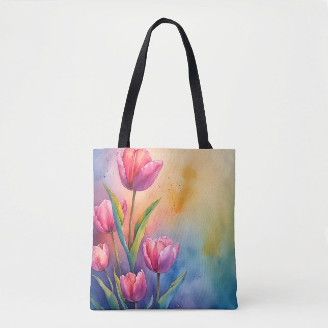 Watercolor Tulips floral Tote (Front)