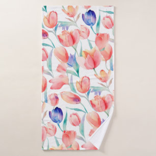 Watercolor Tulips Pattern Bath Towel
