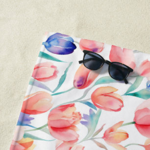 Watercolor Tulips Pattern Beach Towel