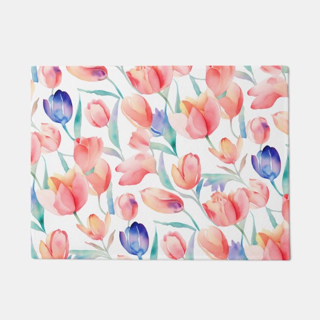 Watercolor Tulips Pattern Door Mat (Front)