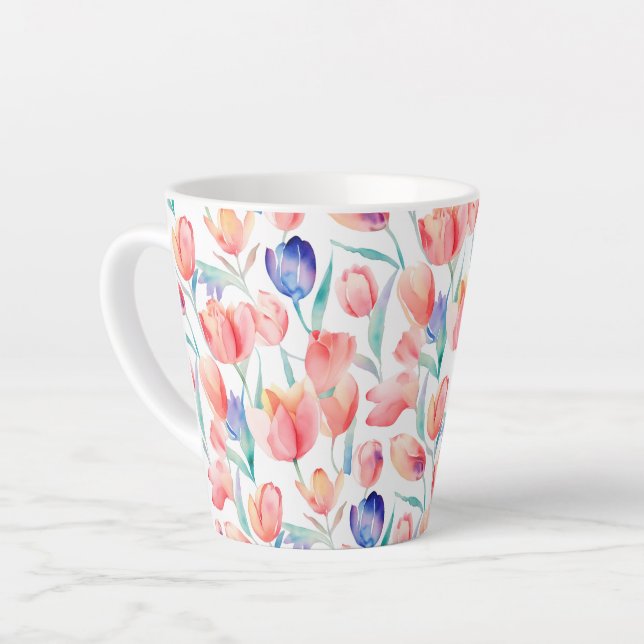 Watercolor Tulips Pattern Latte Mug (Left Angle)