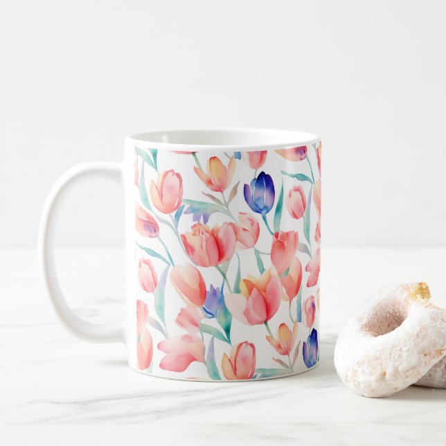 Watercolor Tulips Pattern Mug (With Donut)