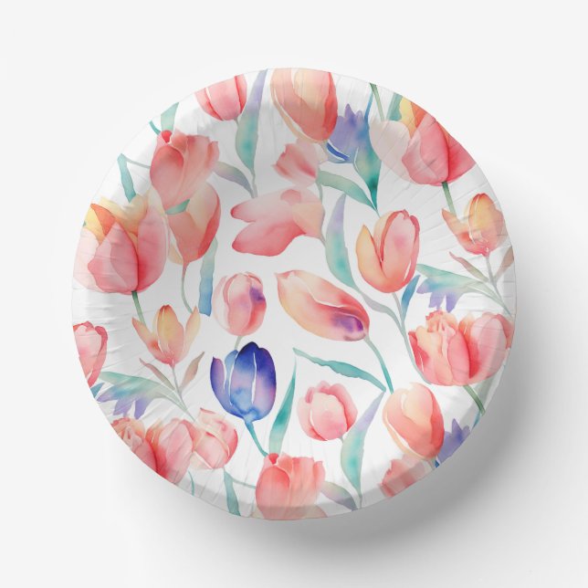 Watercolor Tulips Pattern Paper Bowls Paper Plate (Front)