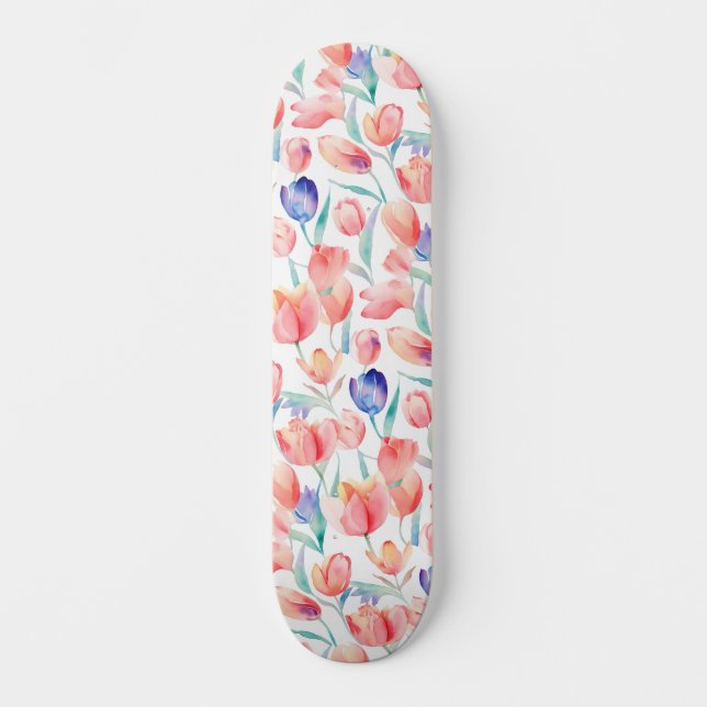 Watercolor Tulips Pattern Skateboard (Front)