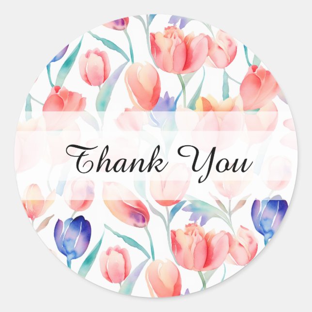 Watercolor Tulips Pattern Thank You Round Stickers (Front)