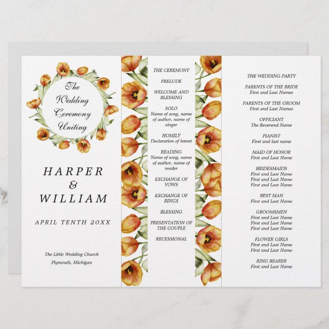 watercolor tulips tri-fold wedding program (Front/Back)