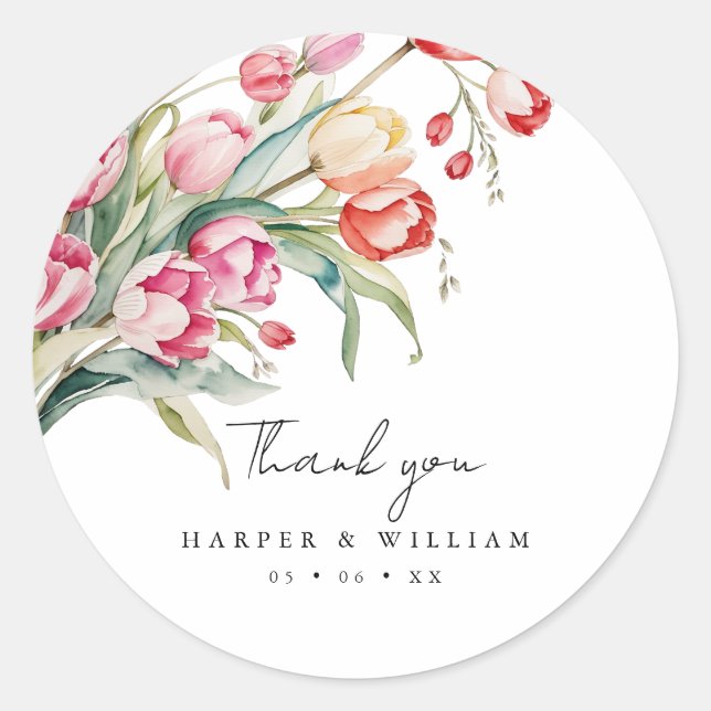 watercolor tulips wedding thank you classic round sticker (Front)