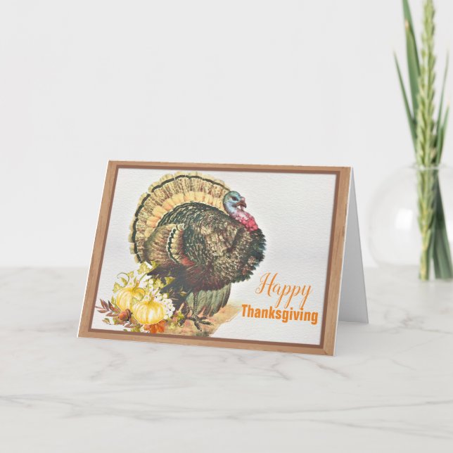 Watercolor Turkey and Pumpkins Thanksgiving Holiday Card (Front)