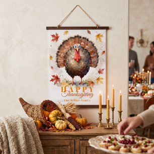 Watercolor Turkey Fall Leaves Family Thanksgiving Hanging Tapestry