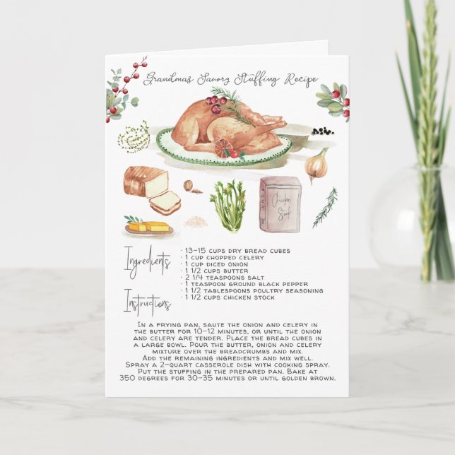 Watercolor Turkey Stuffing Recipe | Thanksgiving Holiday Card (Front)
