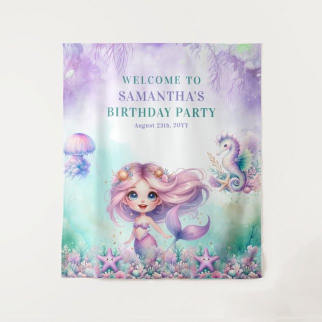 Watercolor turquoise and purple mermaid birthday tapestry (Front)