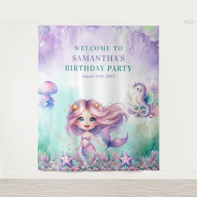 Watercolor turquoise and purple mermaid birthday tapestry (Front)