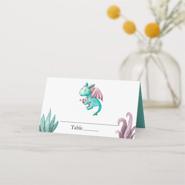 Watercolor Turquoise Dragon Magical Baby Shower  Place Card (Front)