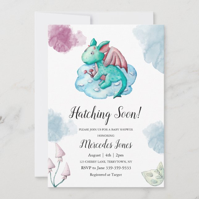 Watercolor Turquoise Dragon on Pastel Blue Cloud  Invitation (Front)