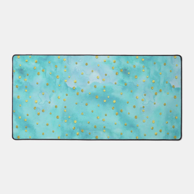 Watercolor Turquoise Faux Gold Polka Dots Desk Mat (Front)