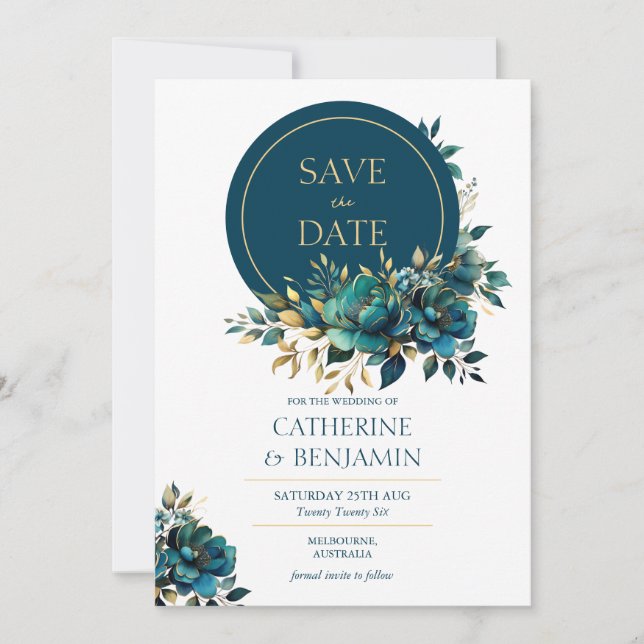 Watercolor turquoise flower Save The Date Card (Front)