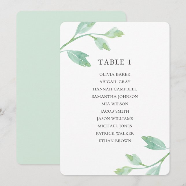 Watercolor turquoise leaves. Wedding seating chart Invitation (Front/Back)