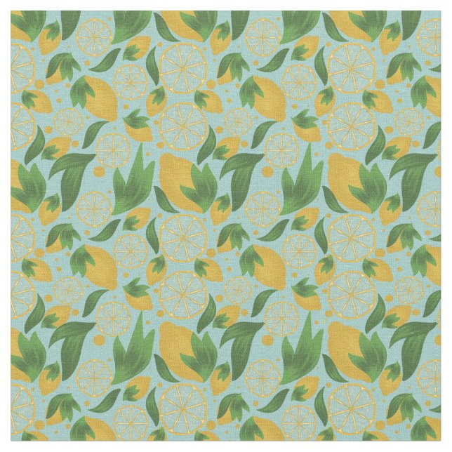 Watercolor Turquoise Lemon Fruit Pattern  Fabric (Close Up)