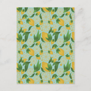 Watercolor Turquoise Lemon Fruit Pattern Postcard