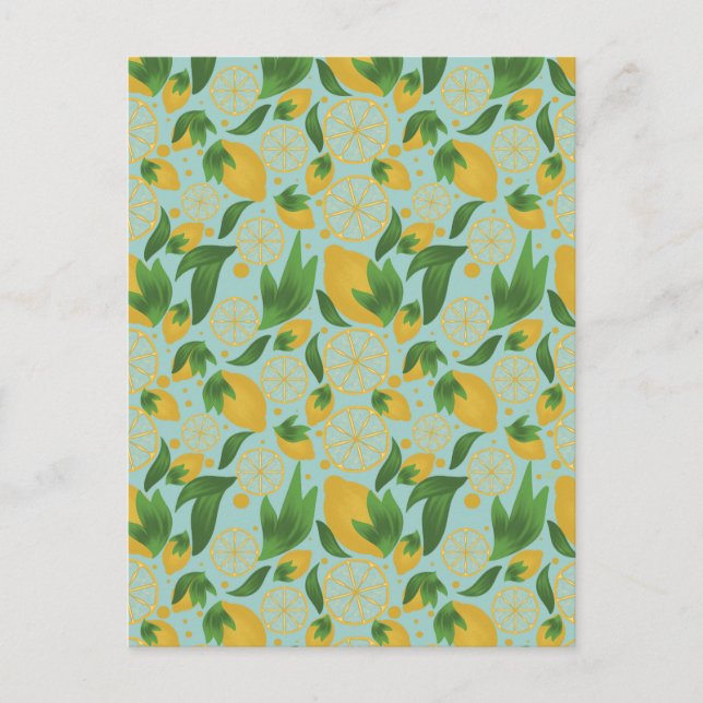 Watercolor Turquoise Lemon Fruit Pattern Postcard (Front)