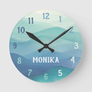 Watercolor Turquoise Navy Blue Ombre Layered Round Clock