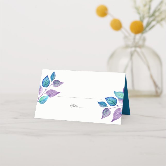 Watercolor Turquoise Purple Foliage Wedding Place Card (Front)