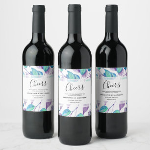 Watercolor Turquoise Purple Foliage Wedding Wine Label