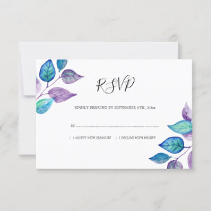 Watercolor Turquoise Purple Leaf Foliage Wedding RSVP Card