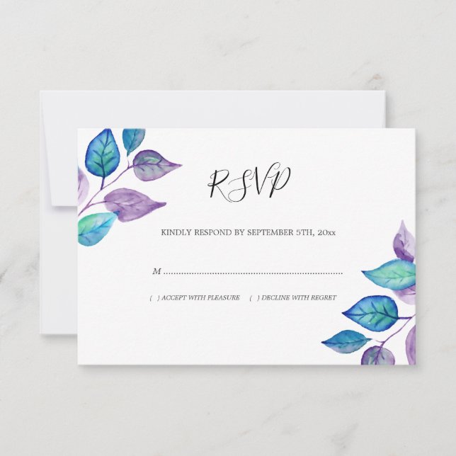 Watercolor Turquoise Purple Leaf Foliage Wedding RSVP Card (Front)