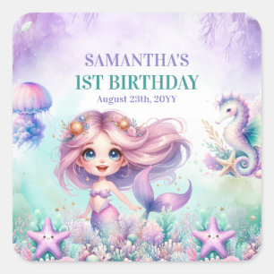 Watercolor turquoise purple mermaid 1st birthday square sticker