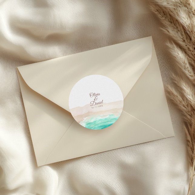 Watercolor Turquoise Sandy Beach Wedding  Classic Round Sticker (Watercolor Turquoise Sandy Beach Wedding Classic Round Sticker on a wedding envelope.)