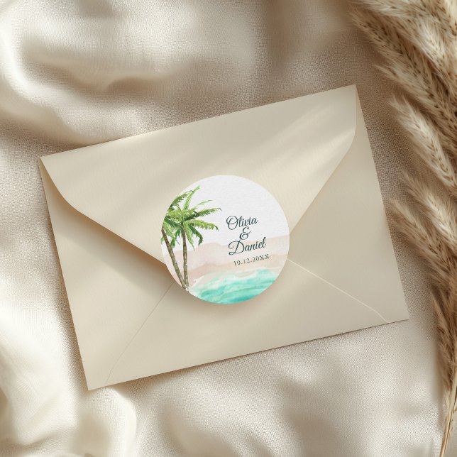 Watercolor Turquoise Sandy Beach Wedding  Classic Round Sticker (Watercolor Turquoise Sandy Beach Wedding Classic Round Sticker on a wedding envelope.)