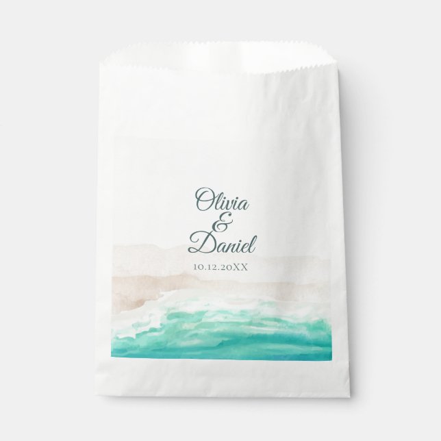 Watercolor Turquoise Sandy Beach Wedding Favour Bags (Front)